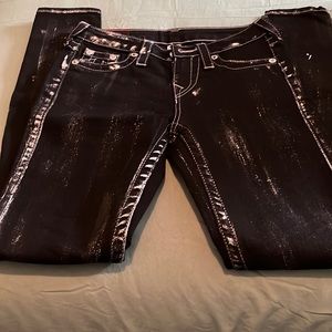 TRUE RELIGION BLK/METALLIC SILVER SKINNY LEG JEANS WORN ONCE SZ 26.